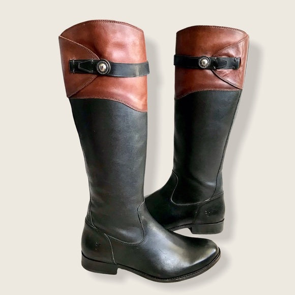 $399 Frye Molly Button Black Brown Multicolor Leather Equestrian Riding Boots - Picture 15 of 16